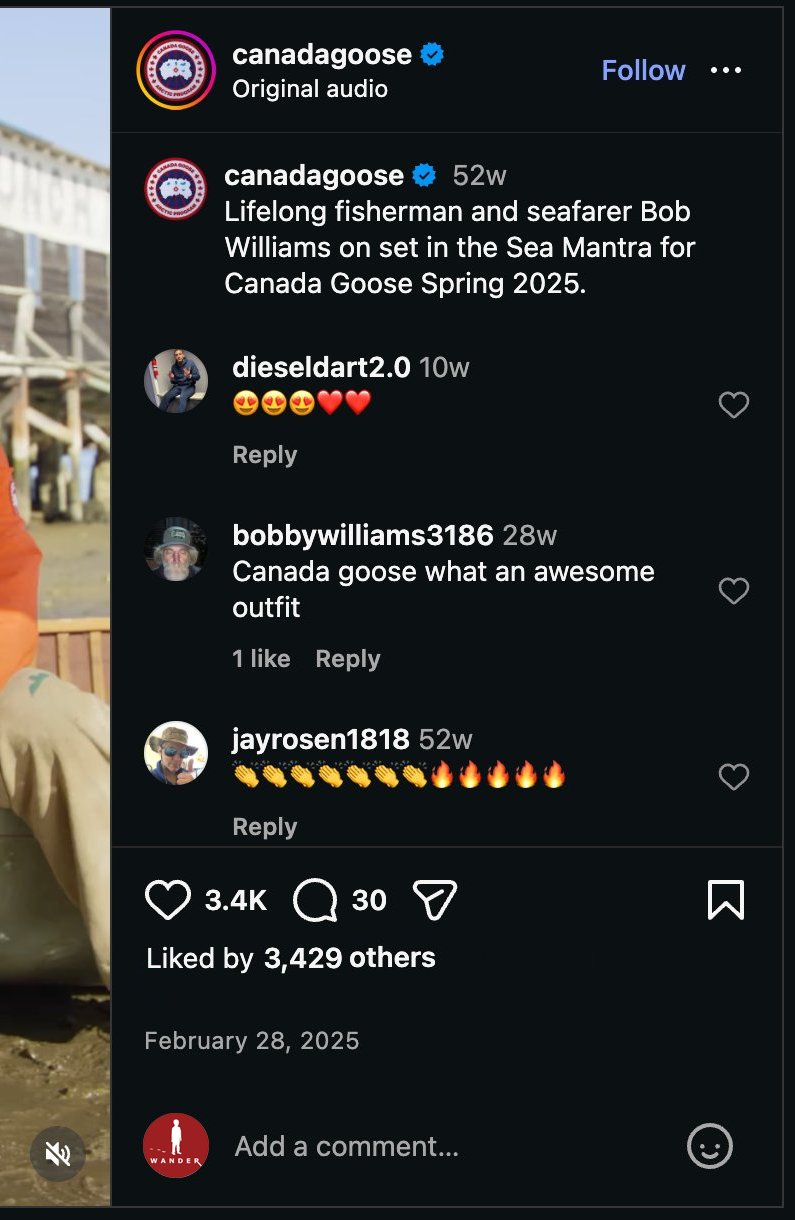 Instagram comments on Canada Goose Bob campaign post