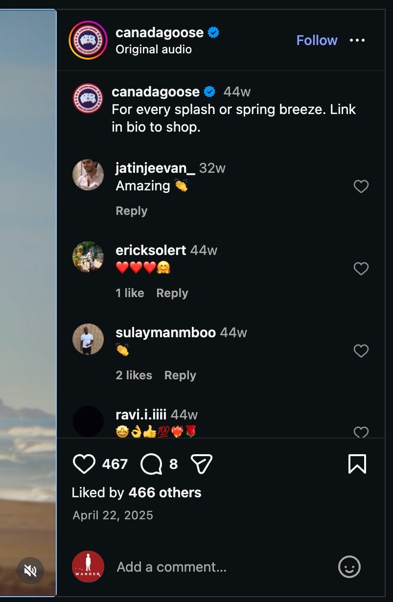 Instagram comments on Canada Goose coastal campaign post