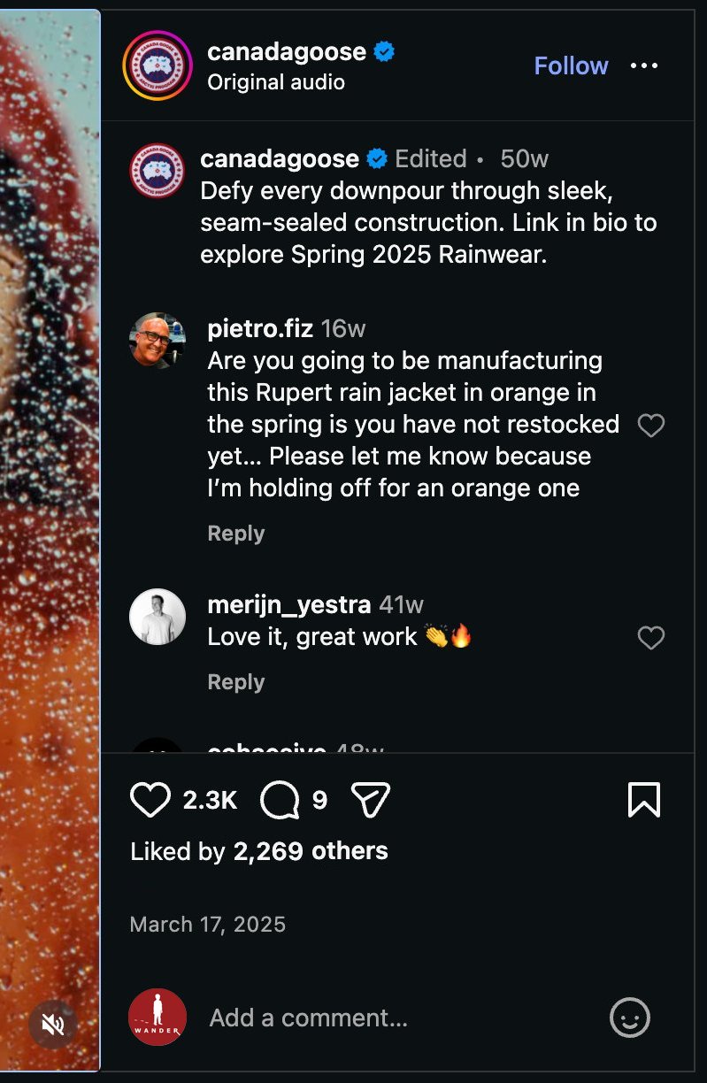 Instagram comments on Canada Goose rain campaign post